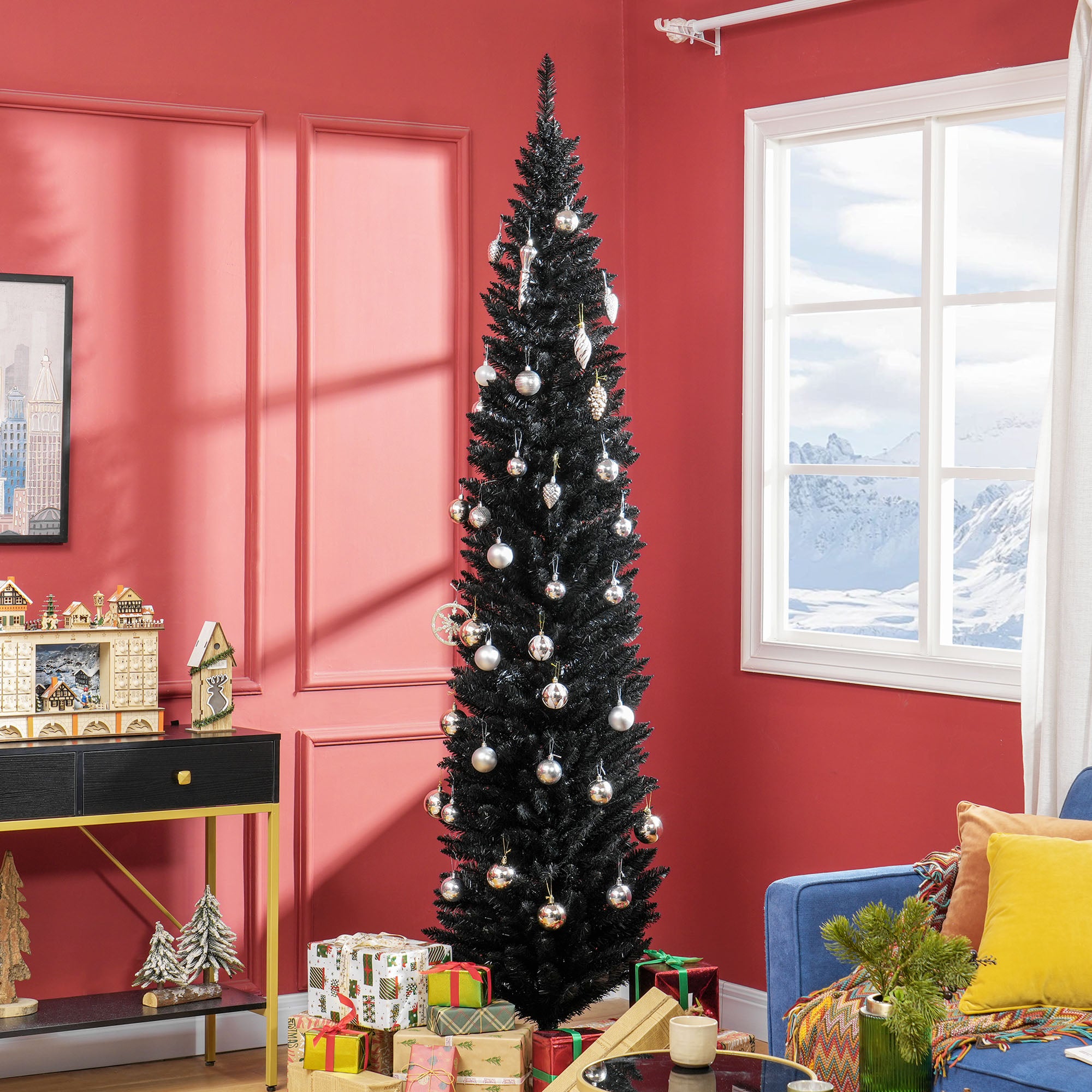HOMCOM 8ft Black Slim Artificial Pencil Christmas Tree | 618 Realistic Branch Tips | Flame-Retardant Plastic Stand | Easy Assembly & Storage for Festive Home Decor