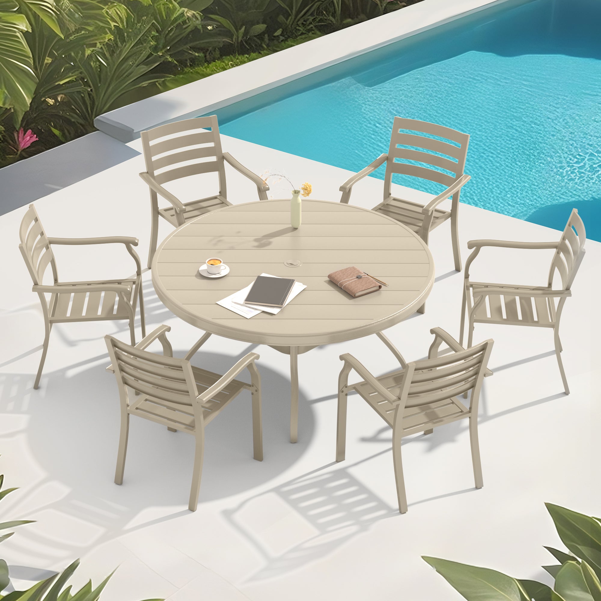 7-Piece Outdoor Patio Dining Set: 53" Round Metal Table & 6 Stackable Sandstone Chairs for Garden, Lawn, Backyard Deck - Durable, Weather-Resistant, Casual Style