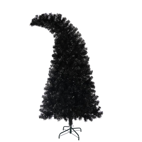 6ft Black Artificial Christmas Tree with LED Lights: Whimsical Hat-Shaped, 900 PET Tips, 250 Orange/Purple Lights, Hinged Branches, Metal Stand for Indoor Holiday Decor