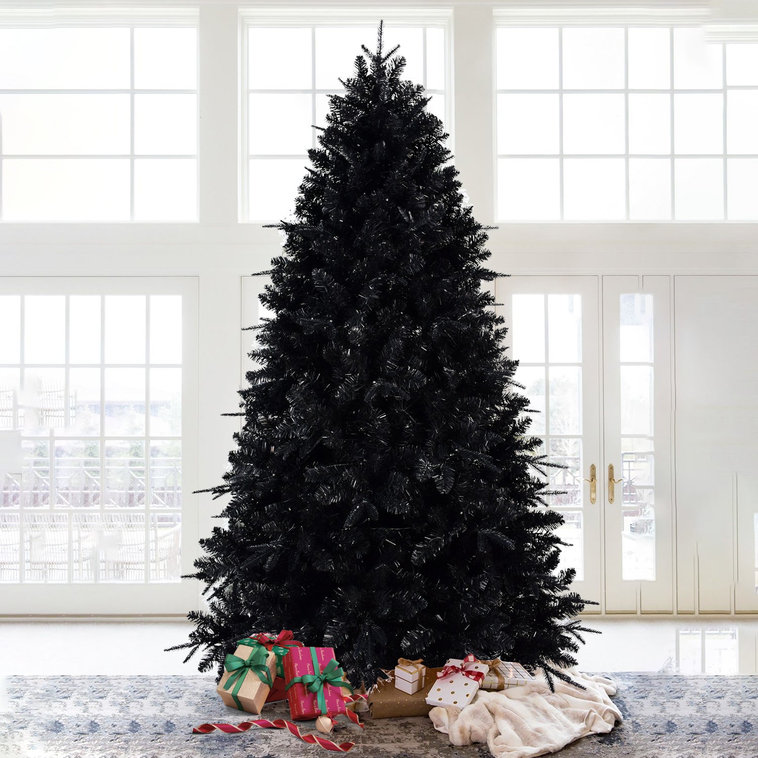 9ft Black Artificial Christmas Tree with 750 White LED Lights, 3176 PE+PVC Tips, Hinged Structure &amp; Metal Stand for Halloween &amp; Holiday Decor