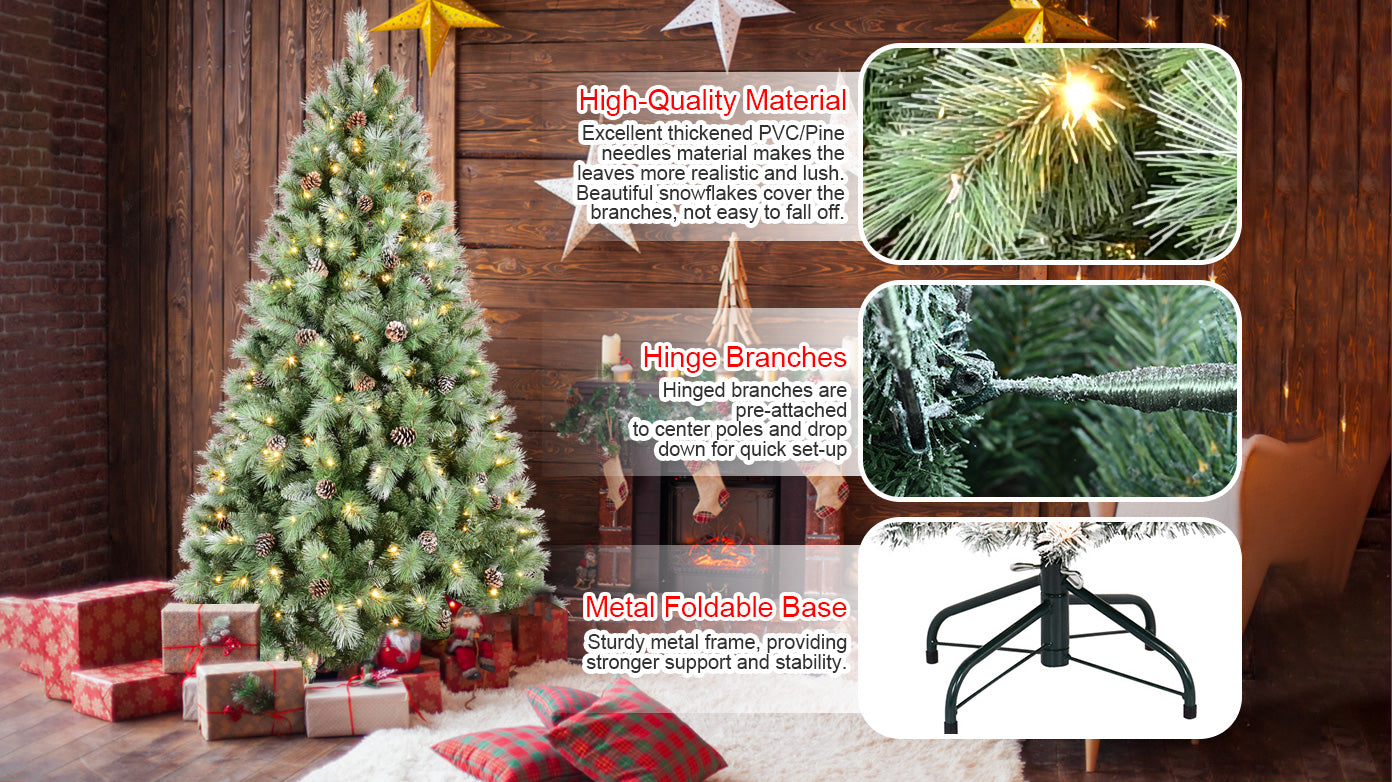 7.5FT Realistic Christmas Tree: 1588 PVC & Hard Needle Tips, 92 Pine Cones, 450 Warm White LEDs, Hinged Branches, Sturdy Metal Stand - Full Lush Holiday Decor for Home & Office