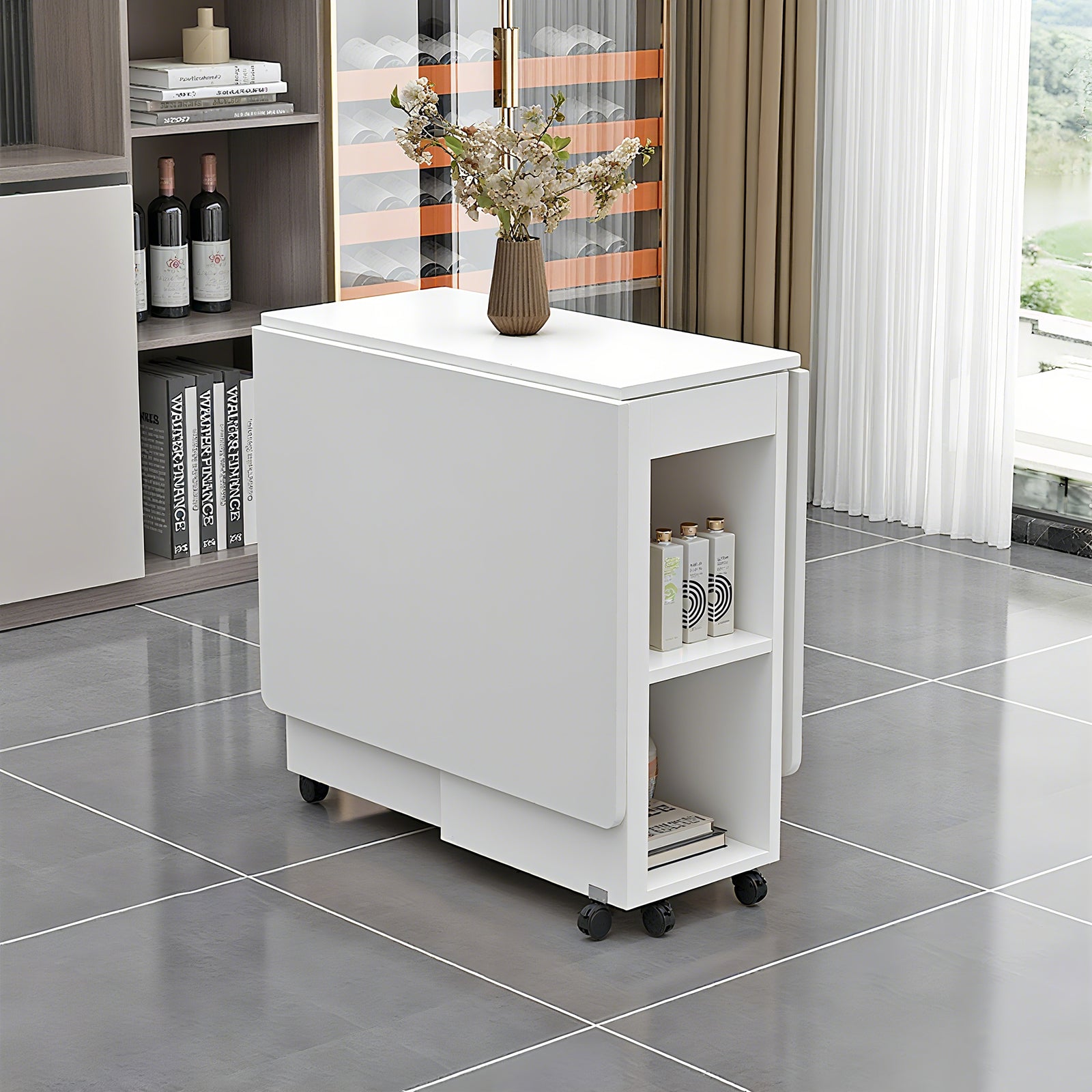 Space-Saving Folding Drop Leaf Dining Table Set for 4 with 4 Chairs, White MDF, 6 Wheels, Versatile for Kitchens & Small Spaces, Easy Clean & Assemble, 47.2"W