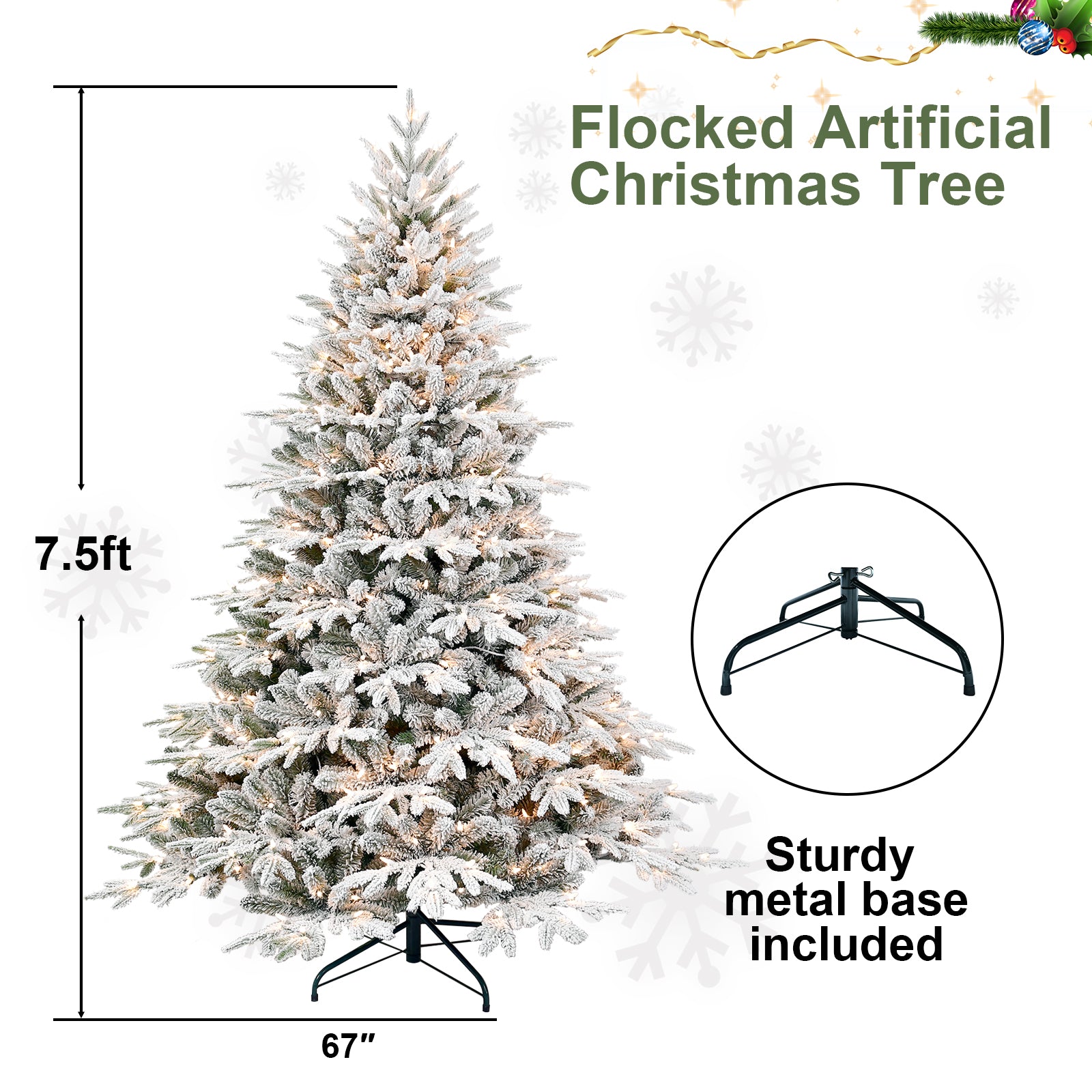 6.5ft Pre-Lit Flocked Artificial Christmas Tree: 450 Warm White Incandescent Lights, 2225 Snowy PE+PVC Tips, Hinged Memory Wire Branches &amp; Foldable Metal Stand for Festive Holiday Home Decor