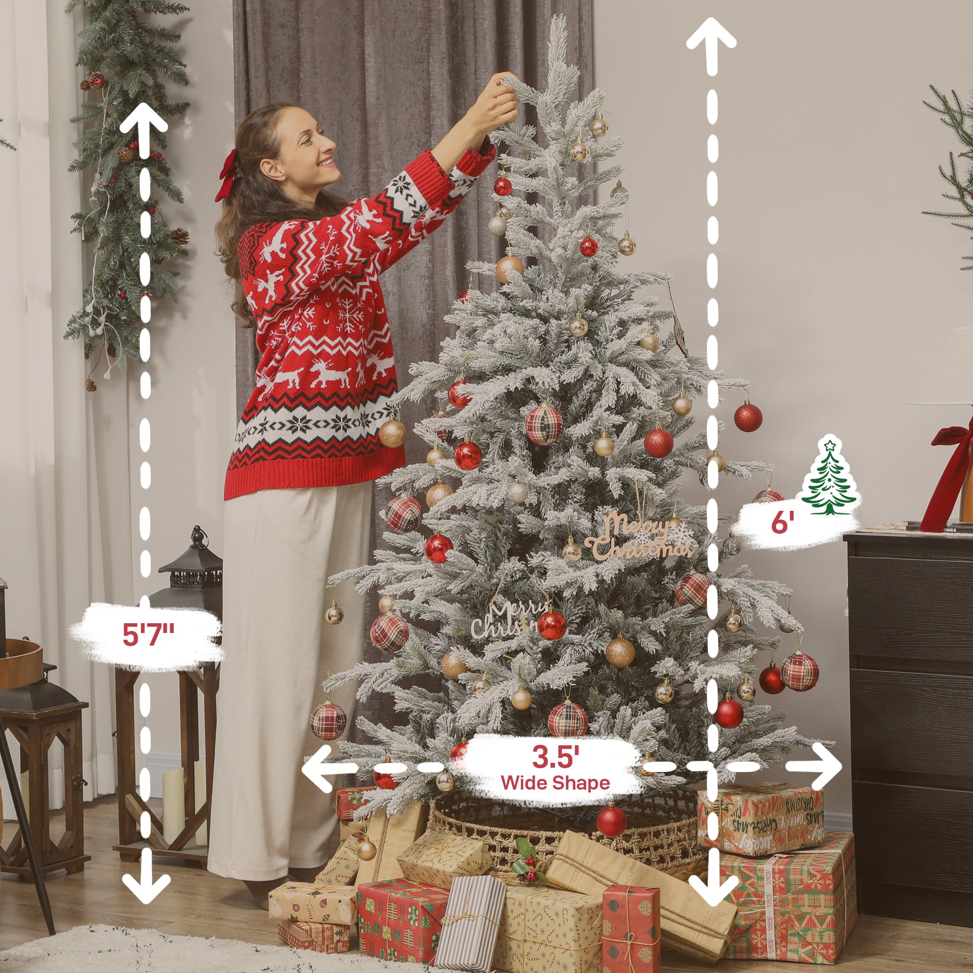 6ft Frosted Spruce Christmas Tree: Realistic Snow-Flocked Artificial Xmas Tree with Hinged Branches, Fire-Retardant, Stable Metal Stand, Green/White, 43.3" Wide for Festive Home Decor