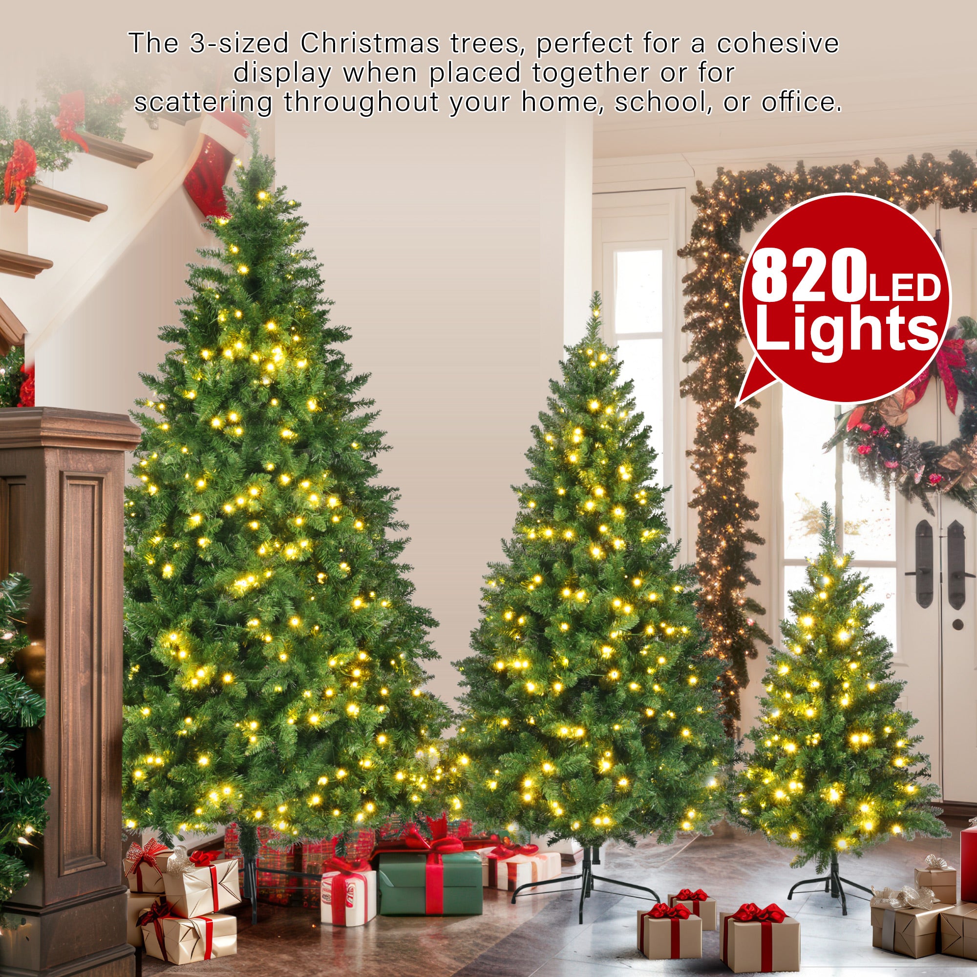 Set of 3 Pre-Lit Green Pine Artificial Christmas Trees (4ft, 6ft, 8ft) with 820 Warm Yellow LED Lights & 2539 Realistic Branch Tips - Hinged Xmas Tree Decor for Home, Office, Party
