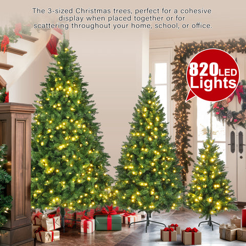 Set of 3 Pre-Lit Green Pine Artificial Christmas Trees (4ft, 6ft, 8ft) with 820 Warm Yellow LED Lights & 2539 Realistic Branch Tips - Hinged Xmas Tree Decor for Home, Office, Party