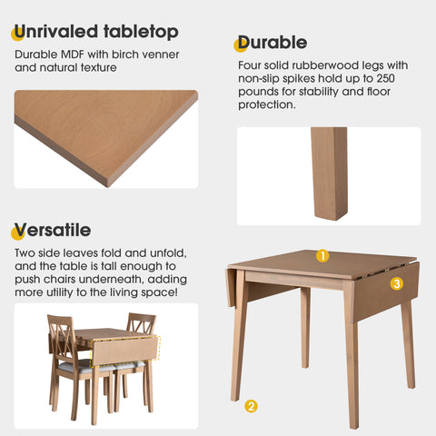 3-Piece Natural Drop Leaf Dining Set: Extendable Kitchen Table & 2 Upholstered Chairs for Small Spaces, Solid Rubberwood & MDF, Modern Farmhouse Style, Compact Dining Room Furniture