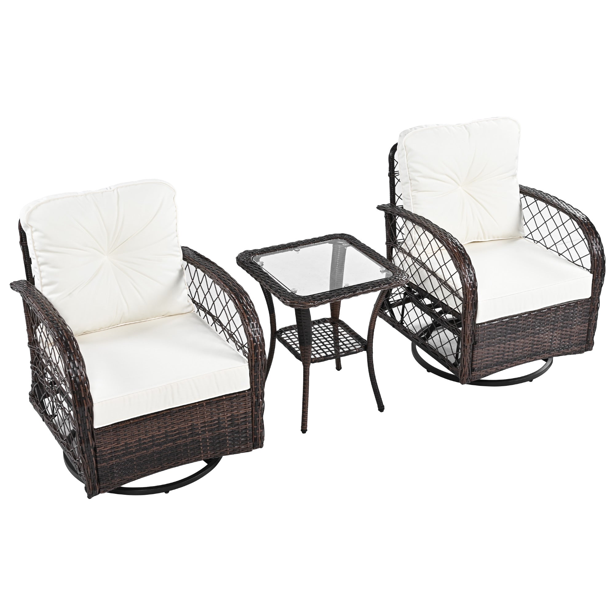 3-Piece Brown Rattan Outdoor Chat Set: 2 Swivel Rocker Chairs &amp; Glass Top Table for Garden Patio Balcony, Weather-Resistant Wicker Seating Group with Cushions