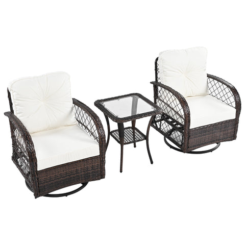 3-Piece Brown Rattan Outdoor Chat Set: 2 Swivel Rocker Chairs &amp; Glass Top Table for Garden Patio Balcony, Weather-Resistant Wicker Seating Group with Cushions