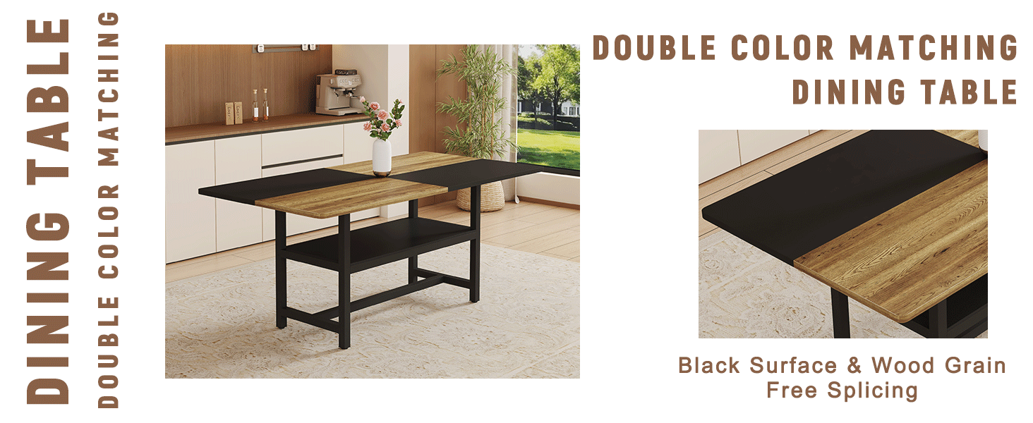 71" Wooden & Black Spliced Dining Table Set with Storage, Seats 6, Paired with Light Gray Linen-Cotton Chairs - Perfect for Kitchen, Dining Room, Home Gatherings