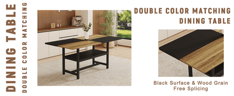 71" Wooden & Black Spliced Dining Table Set with Storage, Seats 6, Paired with Light Gray Linen-Cotton Chairs - Perfect for Kitchen, Dining Room, Home Gatherings