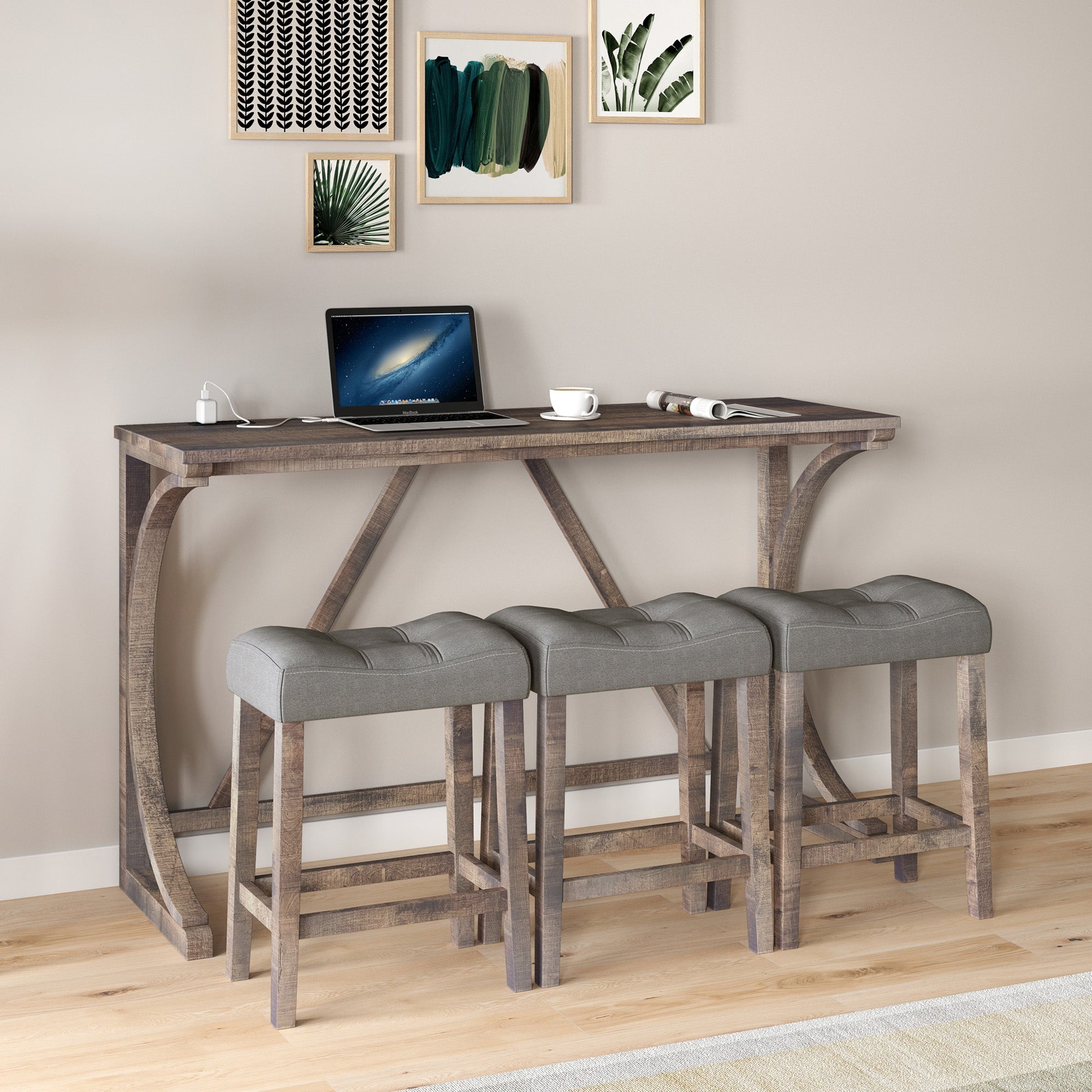 Industrial 4-Piece Bar Table Set with Power Outlet - Rustic Wood Grain Dining Table &amp; Comfy Linen Stools (59"x19"x36") - Space-Saving Breakfast Nook for Living Room, Game Room