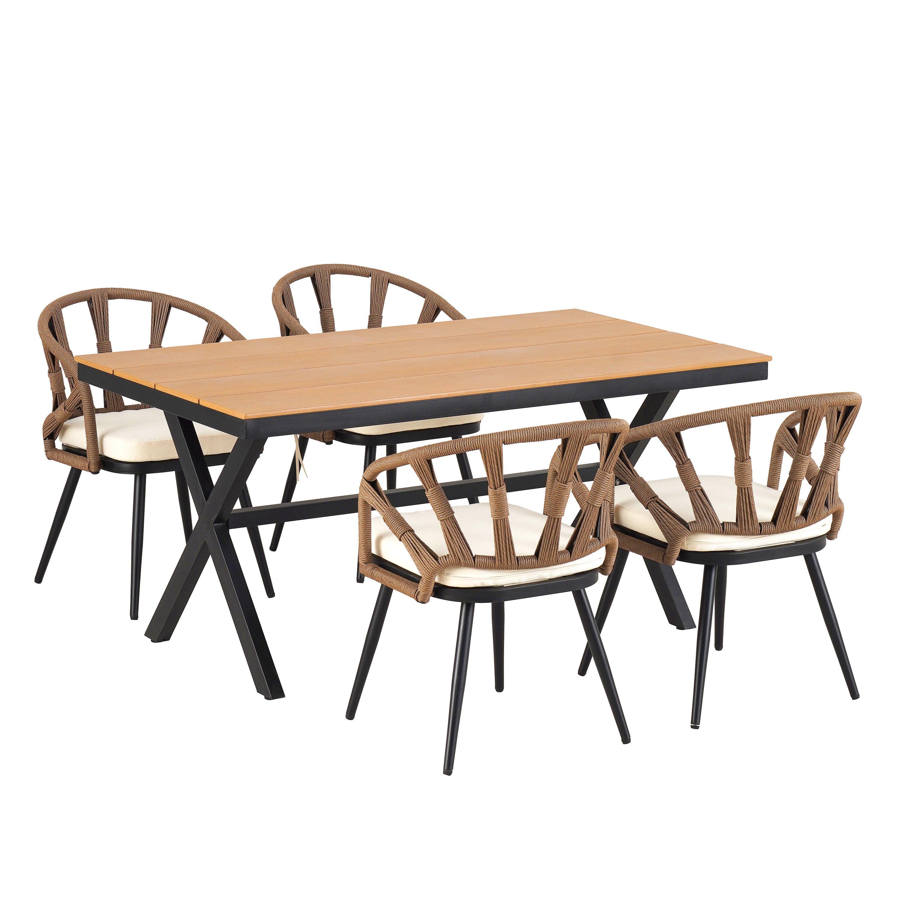 U_Style 4-Seater Brown PE Rattan Outdoor Dining Set: Modern Plastic Wood Table & Linear Chairs for Garden, Patio, Lawn - Weather-Resistant & Durable, Residential Use