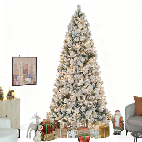 9ft Flocked Fir Christmas Tree with 750 Warm White Clear Lights - Realistic Snow-Dusted Artificial Tree for Cozy Indoor Holiday Home &amp; Office Decor