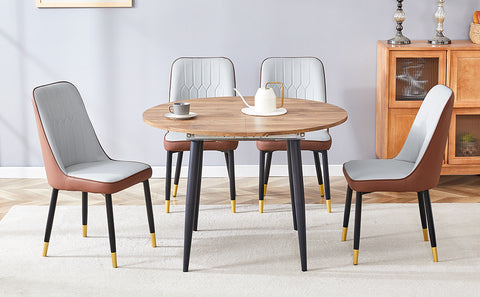 Modern Extendable Round Wood MDF Dining Table Set with 4 PU Cushioned Armless Chairs, Wood Brown, Seats 4, Perfect for Kitchen &amp; Dining Room Gatherings