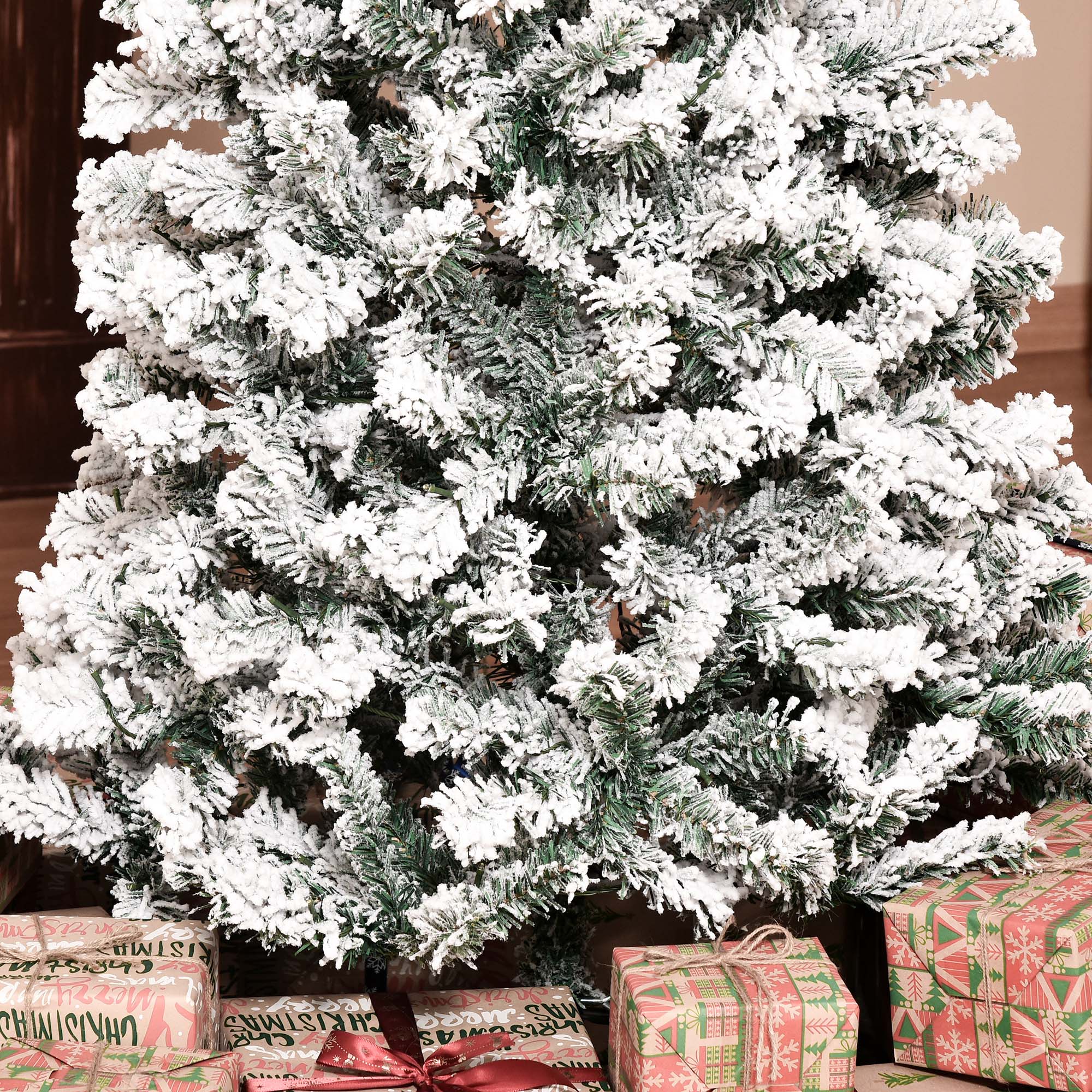 HOMCOM 7.5ft Pre-Lit Slim Douglas Fir Christmas Tree: Snow-Flocked, 350 Warm White LEDs, 641 Realistic PVC Tips. Hinged, Easy Assembly, Steel Base, Perfect for Indoor Holiday Decor.