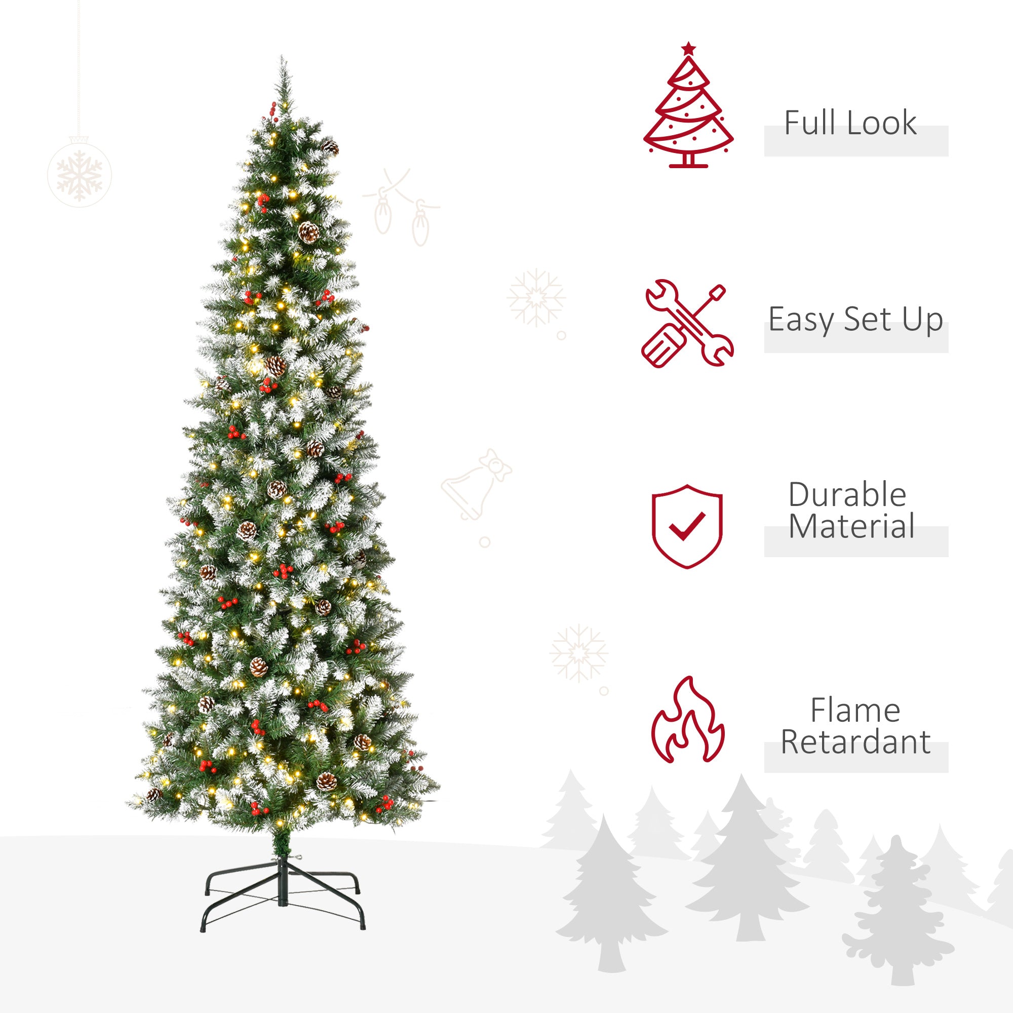 HOMCOM 7.5ft Pre-Lit Snow-Dipped Artificial Christmas Tree | 350 LED Lights, 1075 Tips, Pine Cones &amp; Berries | Realistic PVC Green Tree for Indoor Holiday Decor