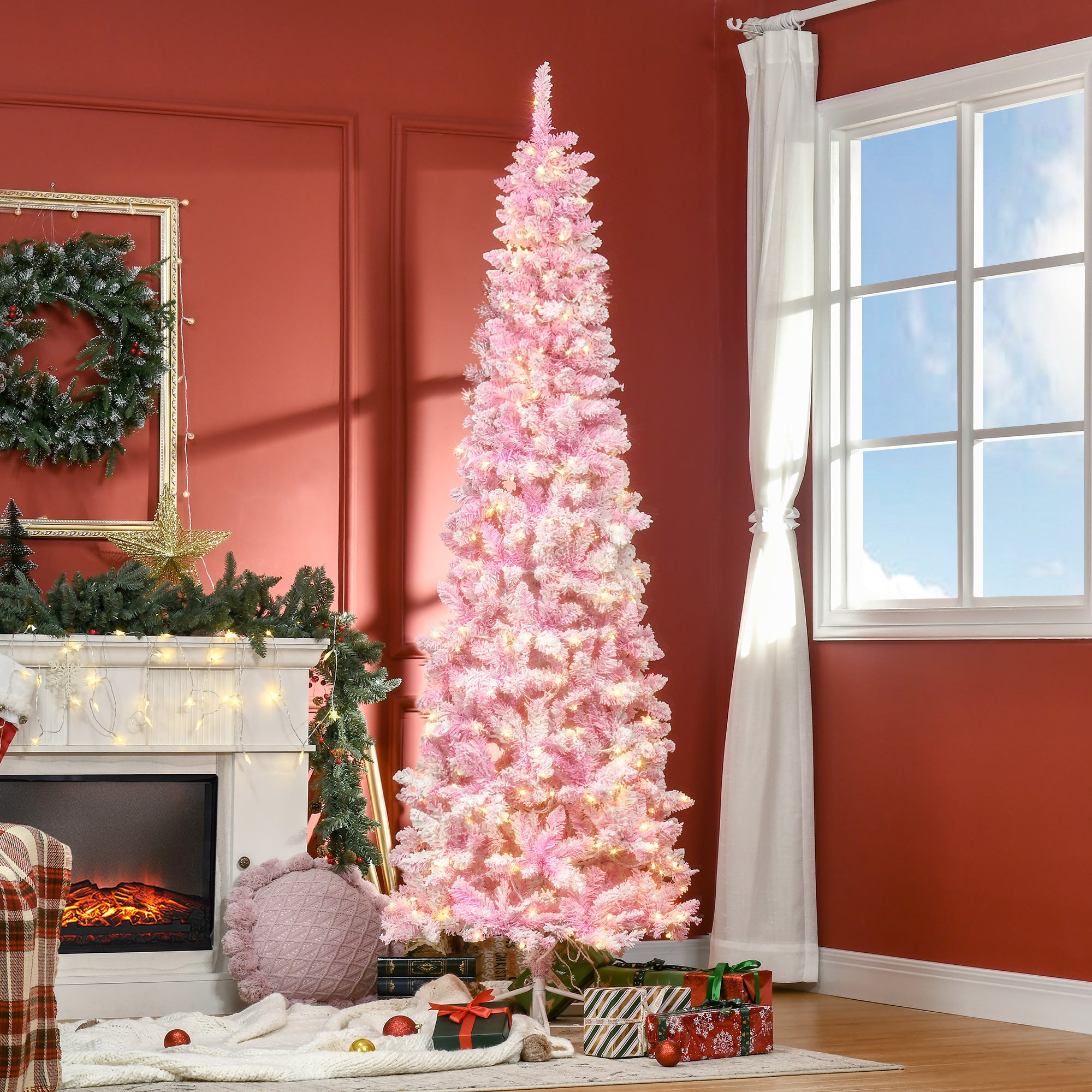 HOMCOM 7.5ft Snow Flocked Pencil Christmas Tree, Pink & White, Warm White LEDs, Auto-Open Branches, Realistic Pine, Flame-Retardant Plastic, Indoor Holiday Decor