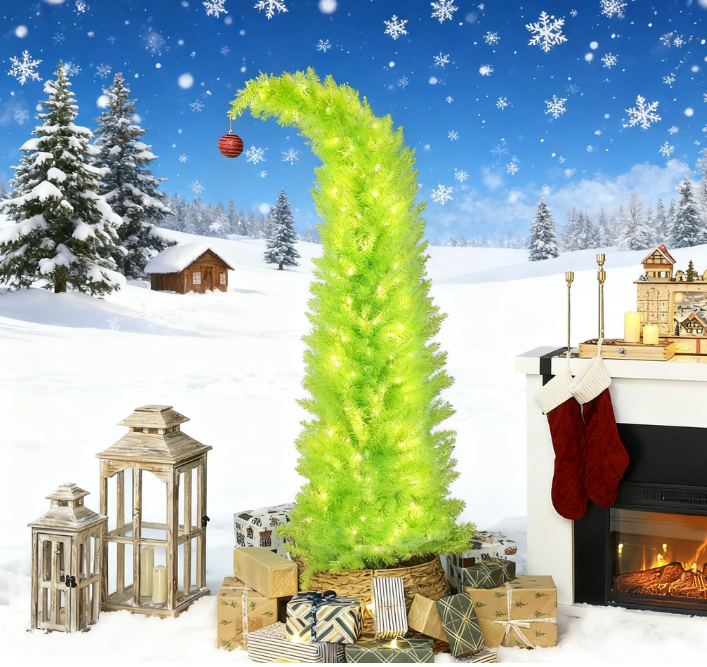 72 Inch Whimsical Pencil Christmas Tree - Prelit Green Xmas Tree with 230 Warm White LEDs, Red Ball Top, 555 Tips, Metal Base for Indoor Holiday Decor