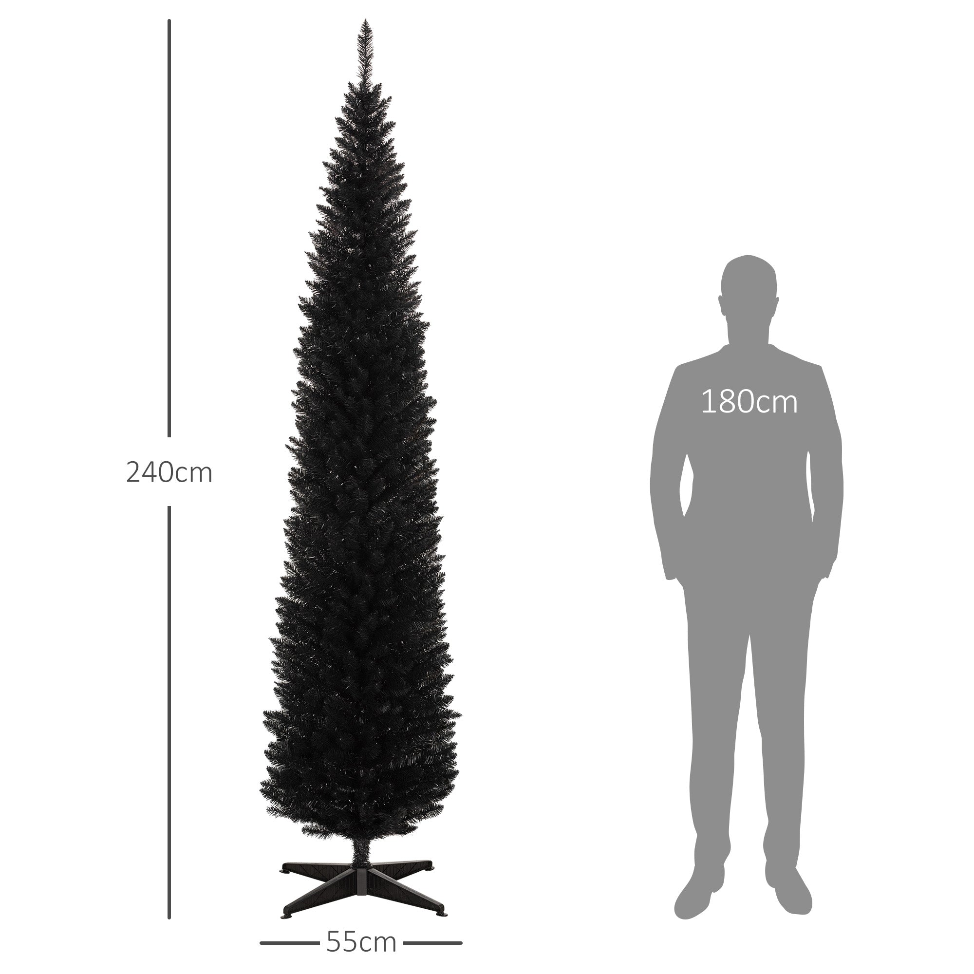 HOMCOM 8ft Black Slim Artificial Pencil Christmas Tree | 618 Realistic Branch Tips | Flame-Retardant Plastic Stand | Easy Assembly & Storage for Festive Home Decor