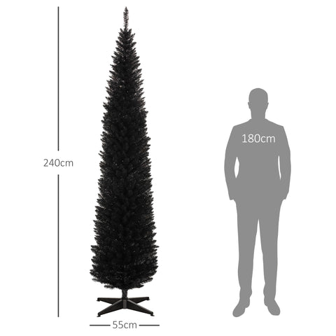 HOMCOM 8ft Black Slim Artificial Pencil Christmas Tree | 618 Realistic Branch Tips | Flame-Retardant Plastic Stand | Easy Assembly & Storage for Festive Home Decor