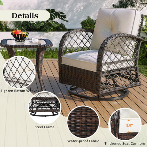 3-Piece Brown Rattan Outdoor Chat Set: 2 Swivel Rocker Chairs &amp; Glass Top Table for Garden Patio Balcony, Weather-Resistant Wicker Seating Group with Cushions