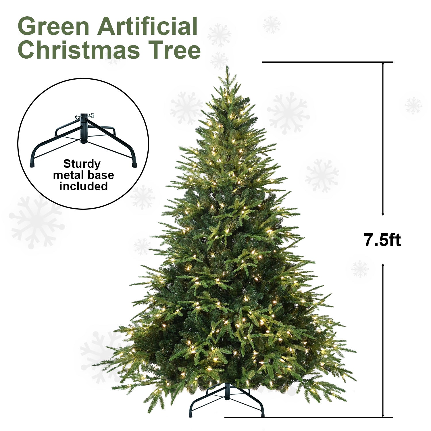 7.5ft Pre-Lit Hinged Artificial Christmas Tree | 650 Warm White Incandescent Lights | 3135 PE+PVC Tips | Memory Wire Branches | Foldable Metal Stand | Green | Realistic Holiday Decor for Home & Office