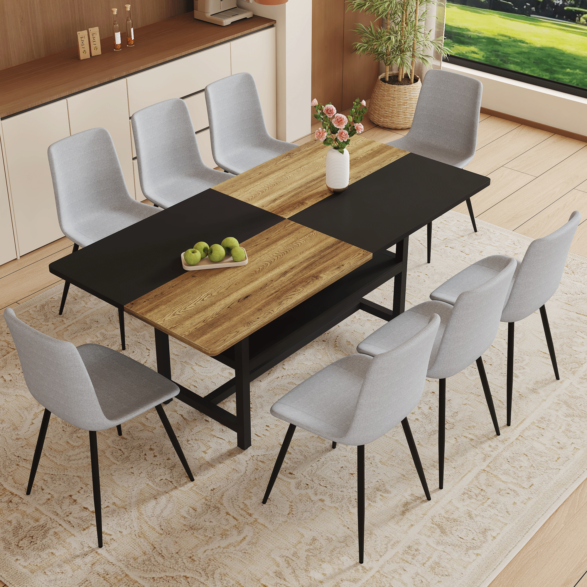 71" Wooden &amp; Black Spliced Dining Table Set with 8 Light Gray Linen Chairs - 30"H Table w/ Storage Shelf, Ergonomic Cushions for Dining Room, Kitchen &amp; Parties