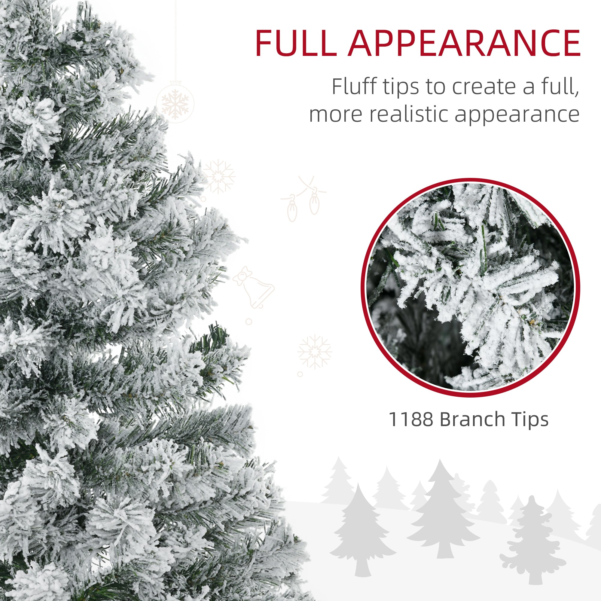 HOMCOM 7.5ft Snow Flocked Artificial Christmas Tree | 1188 Branches, 500 Warm White LED Lights, Auto Open, Green | Realistic Holiday Decor for Indoor Home & Fireplace Ambiance