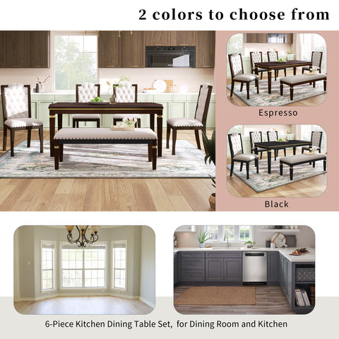 6-Piece Espresso Solid Wood Dining Table Set: 60" Rectangular Table, 4 High-Back Tufted Chairs & Bench, Seats 6 for Kitchen & Dining Room, Elegant Craftsmanship & Comfort