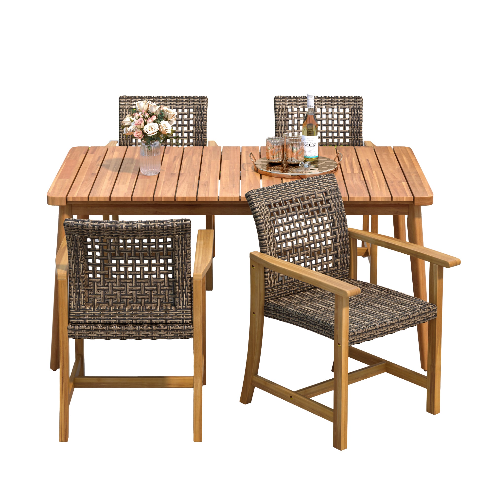 5-Piece Outdoor Patio Dining Set: 63" Acacia Wood Slatted Table & 4 Mix Mocha PE Rattan Chairs with Teak Wood Frames – Durable, Stylish & Easy Assembly for Garden & Backyard Gatherings