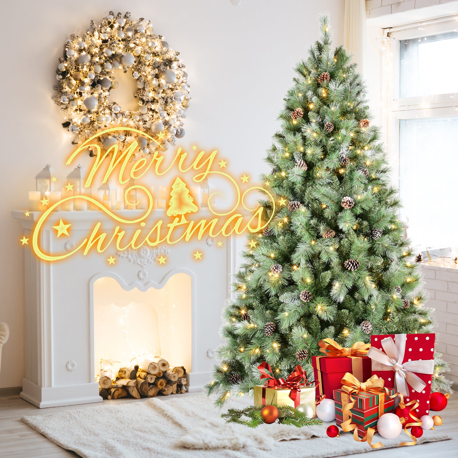 5FT Realistic Christmas Tree - 694 Mixed PVC &amp; Hard Needle Tips, 200 Warm White LED Lights, 51 Pine Cones, Hinged Branches, Sturdy Metal Stand - Full Holiday Decor for Home &amp; Office
