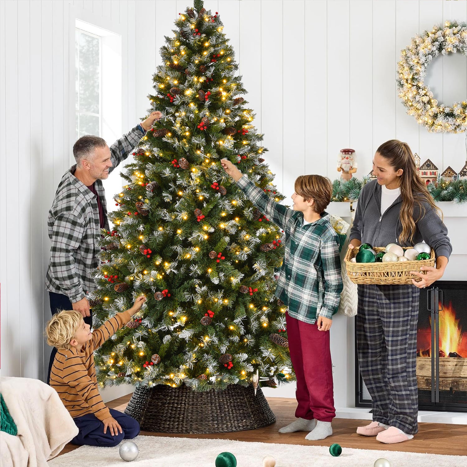 9ft Pre-Lit Pre-Decorated Pine Christmas Tree: 1740 Flocked Frosted Tips, 103 Pine Cones, 309 Red Berries, 600 Lights, Metal Base. Lush Green PVC for Home, Office Holiday Parties. Easy Setup.