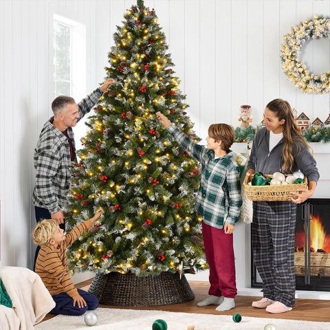 7.5ft Pre-Lit Pre-Decorated Frosted Pine Christmas Tree | 1368 Tips, Pine Cones, Berries | Lush PVC | Easy Setup | Indoor Home Office Holiday Party Decor