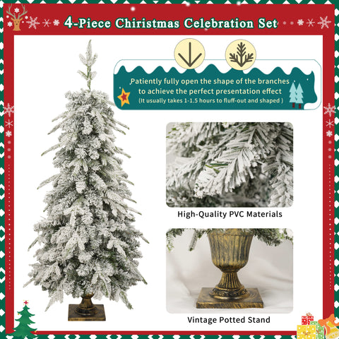 Pre-lit 4-Piece Christmas Tree Set: 4ft Artificial Tree, Wreath, Garland & 2 Entrance Trees with 330 Warm White LED Lights, Lush Green PVC Foliage for Festive Home & Office Decor
