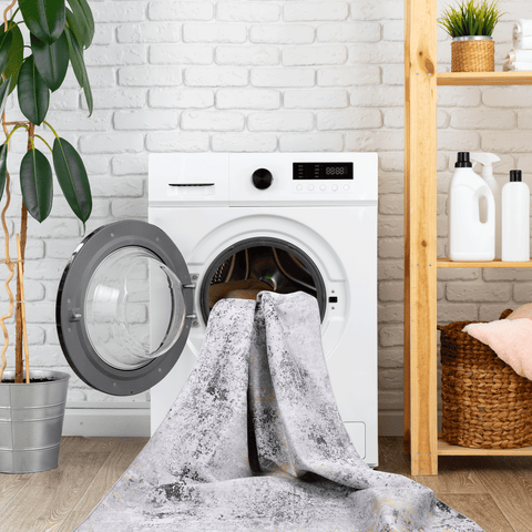 MAVAL Gold Washable 4x6 Area Rug - Soft Chenille Polyester, Non-Slip Gray &amp; Gold Boho Style for Living Room, Bedroom, Kitchen, Dining. Easy Clean, Low Pile.