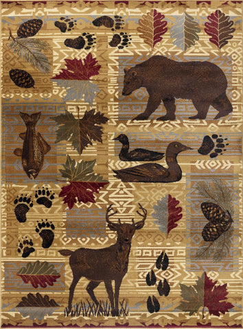 Nature's Nest GC_CBL3002 2'x3' Lodge Area Rug, Beige Polypropylene | Deer, Bear, Fish, Duck Nature Motifs | Durable, Stain-Resistant for Entryway, Living Room, High-Traffic Areas
