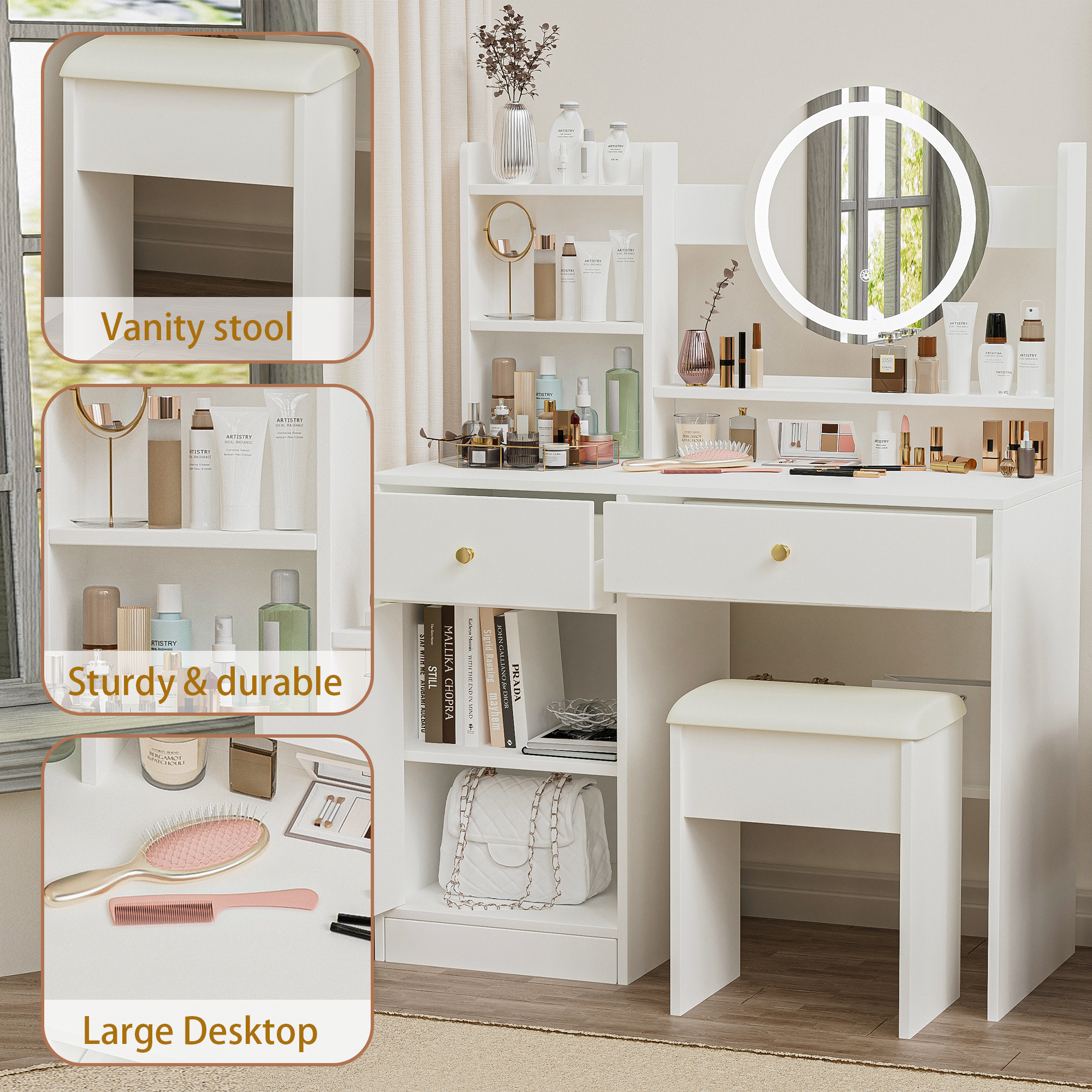 Fashion White Vanity Desk with Mirror & Lights, 3 Color Lighting, Adjustable Brightness, 2 Drawers, Storage Shelves, Cushioned Chair Included, MDF, 35.4" W, Bedroom & Makeup Use