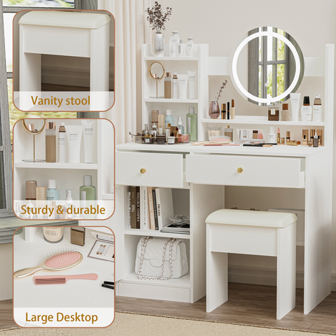 Fashion White Vanity Desk with Mirror & Lights, 3 Color Lighting, Adjustable Brightness, 2 Drawers, Storage Shelves, Cushioned Chair Included, MDF, 35.4" W, Bedroom & Makeup Use