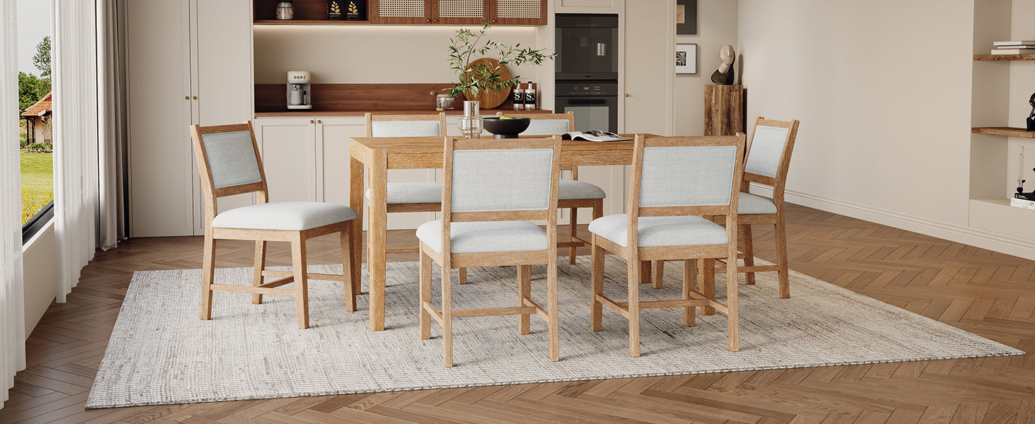 TREXM 7-Piece Retro Rectangular Wood Dining Table Set for 6 - Natural Oak Veneer & MDF with Upholstered Foam Chairs - Spacious Kitchen & Dining Room Furniture - Durable Solid Wood Legs
