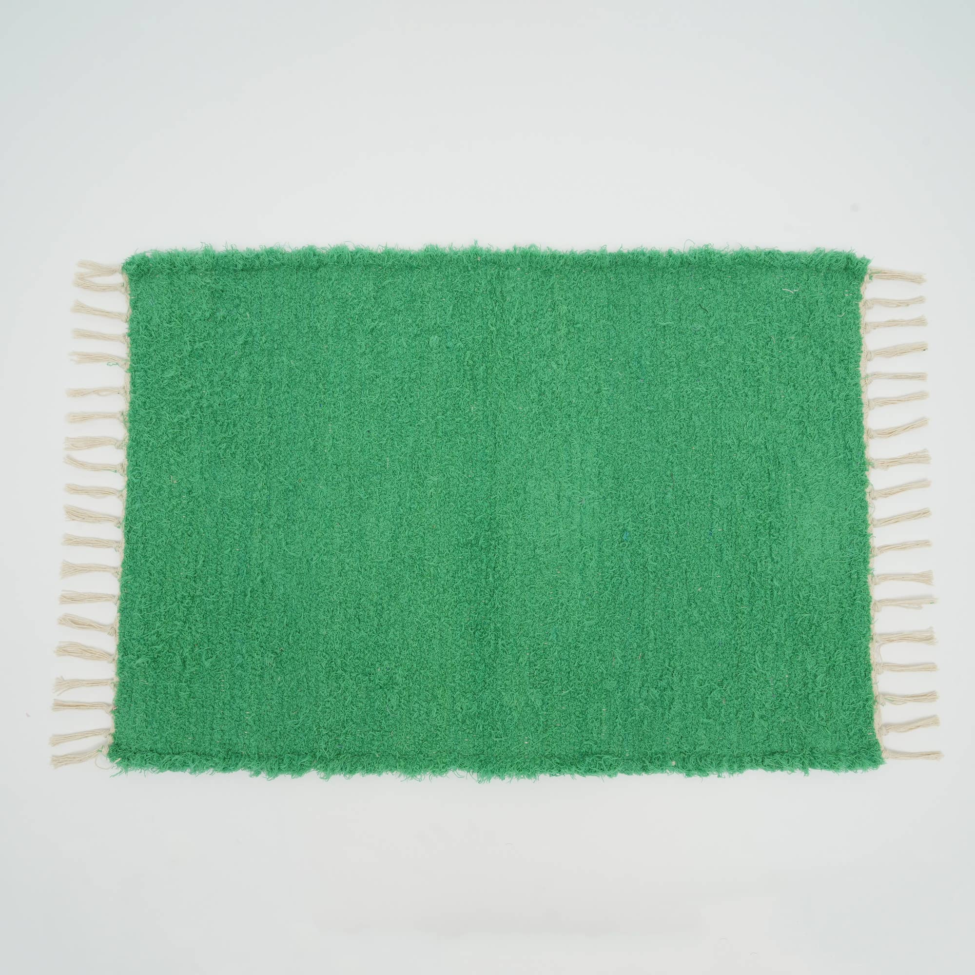 Camelot 36x24" Green Scatter Rug: Soft Cotton Blend Accent Rug for Living Room, Bedroom, Entryway Decor. Textured, Fringed, Handmade Look, India.