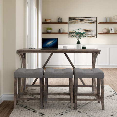 Industrial 4-Piece Bar Table Set with Power Outlet - Rustic Wood Grain Dining Table &amp; Comfy Linen Stools (59"x19"x36") - Space-Saving Breakfast Nook for Living Room, Game Room