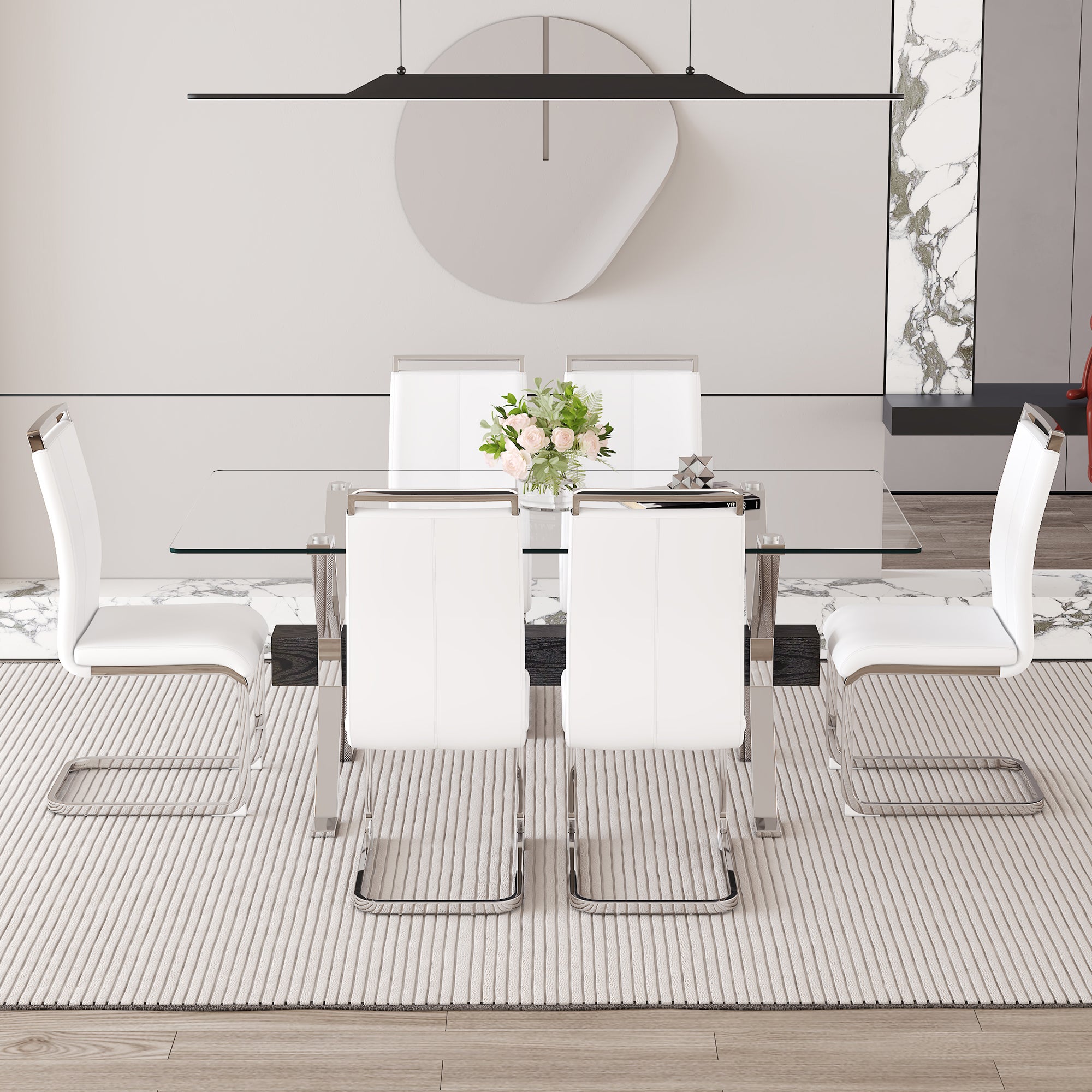 Elegant Transparent Tempered Glass Dining Set with 6 White PU Chairs - 71"x35.4" Modern Kitchen &amp; Dining Room Furniture for 4-8 People, Silver Legs, Minimalist Design