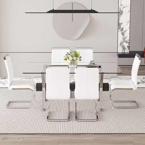 Elegant Transparent Tempered Glass Dining Set with 6 White PU Chairs - 71"x35.4" Modern Kitchen &amp; Dining Room Furniture for 4-8 People, Silver Legs, Minimalist Design
