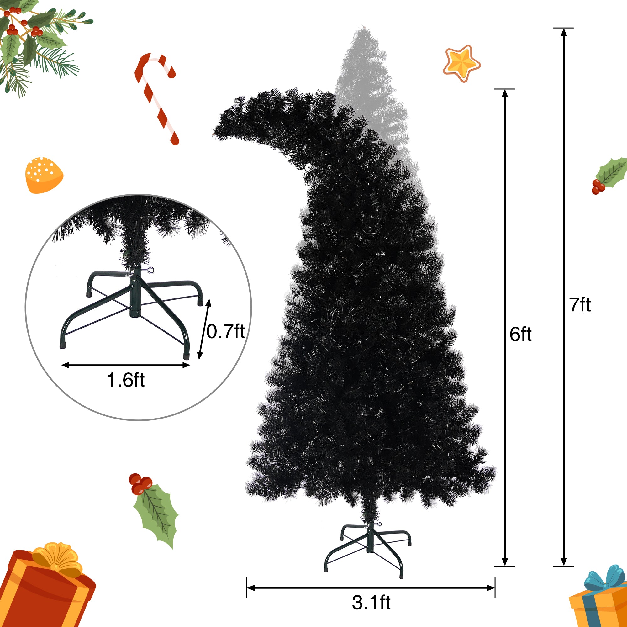 6ft Black Artificial Christmas Tree with LED Lights: Whimsical Hat-Shaped, 900 PET Tips, 250 Orange/Purple Lights, Hinged Branches, Metal Stand for Indoor Holiday Decor