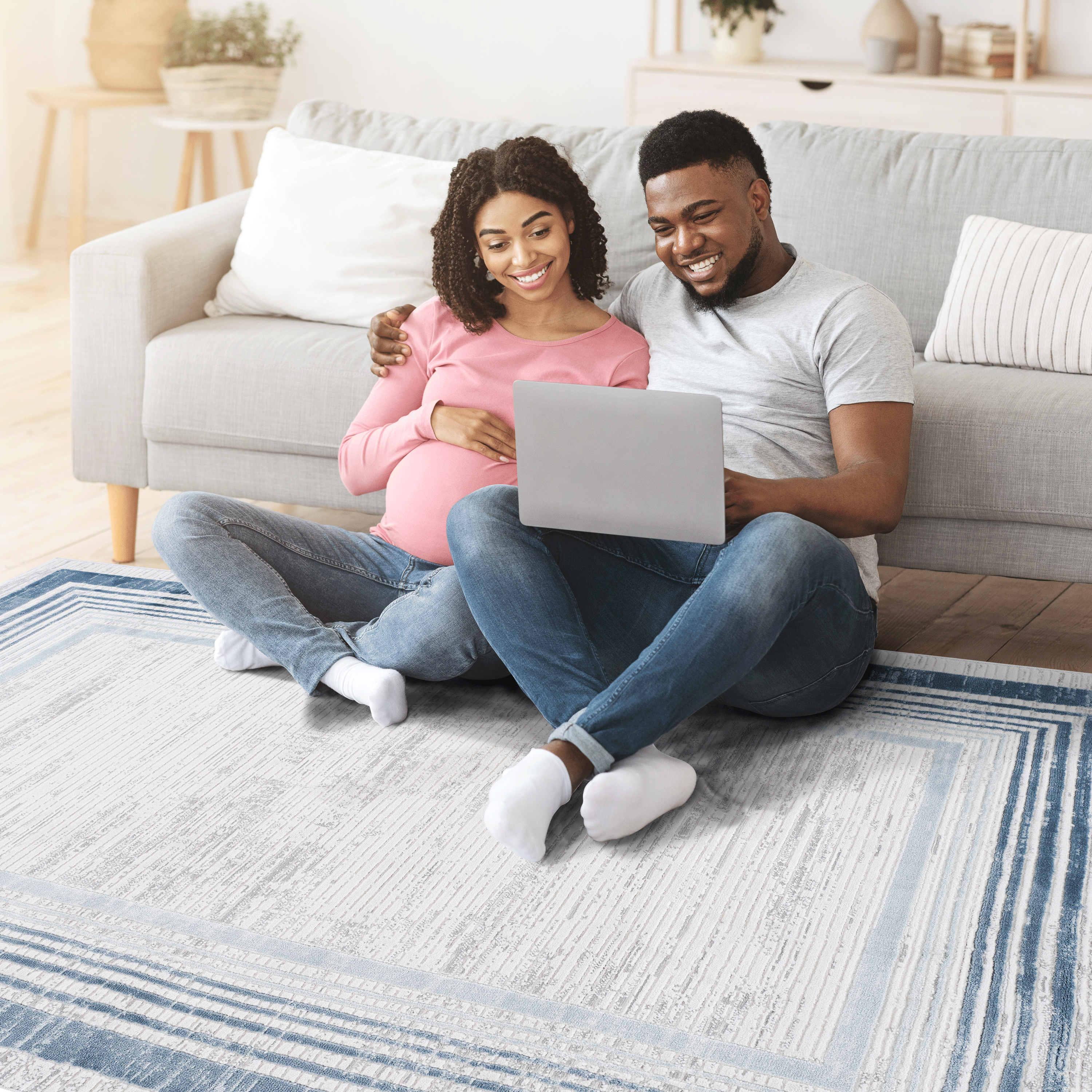 MARFI Collection 2'x8' Runner Rug | Blue/Ivory Bordered | Stain Resistant Polyester | Medium Pile | Kid & Pet-Friendly | Turkish Made | Entryway, Hallway, Living Room