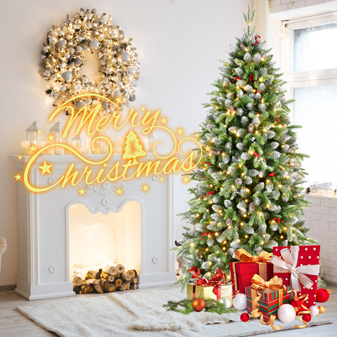 6ft Frosted Green Artificial Christmas Tree | 380 Warm White LED Lights | 1264 Lush Tips | Red Berries &amp; Pinecones | Sturdy Metal Stand | Indoor Holiday Decor