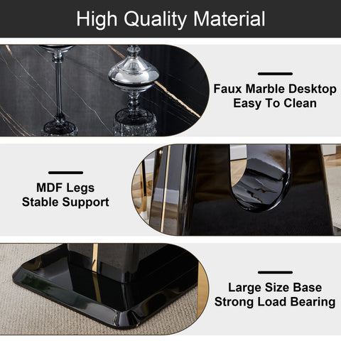 Modern Minimalist Dining Table Set with Imitation Marble Glass Top &amp; U-Bracket Legs - Seats 4-8 - Black &amp; Gold MDF - Perfect for Dining &amp; Living Rooms