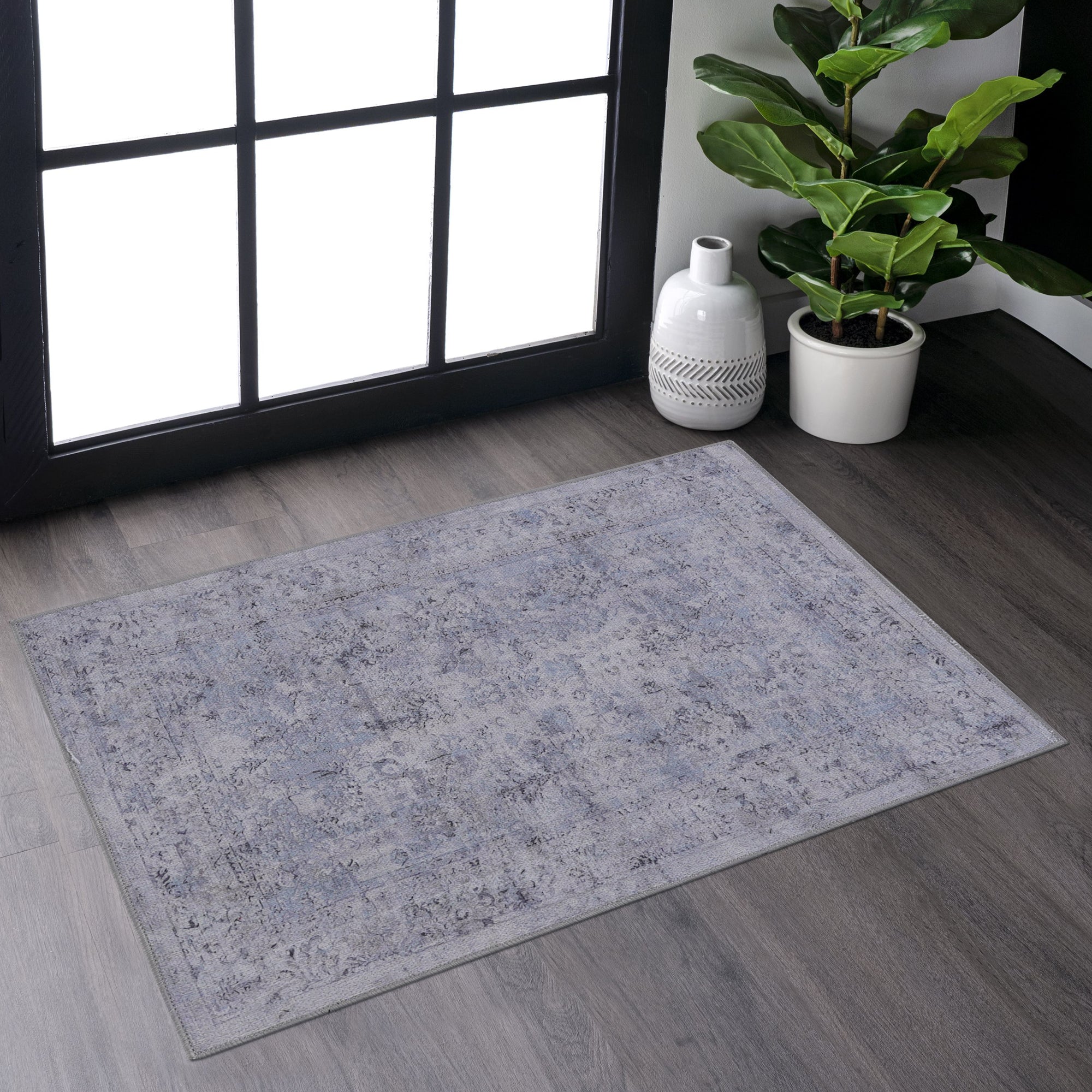 MAVAL Blue Cream Washable Rug 2'x3' | Soft Chenille Polyester Doormat | Non-Slip, Stain-Resistant Area Rug for Living Room, Kitchen, Hallway, Entryway | Easy Care, Low Pile Turkish Rug