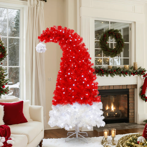 6FT Whimsical Santa Hat Christmas Tree | 1050 PET Tips | Pre-Lit 300 Cold White LEDs | Red & White | Indoor Holiday Decor